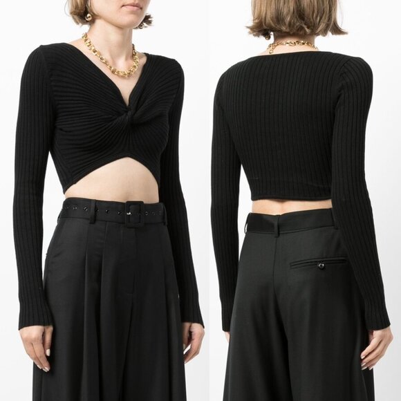 Anna Quan Pascale Cropped Top Black Sz 6 Long Sleeves Ribbed knit Knot-front - Picture 1 of 8